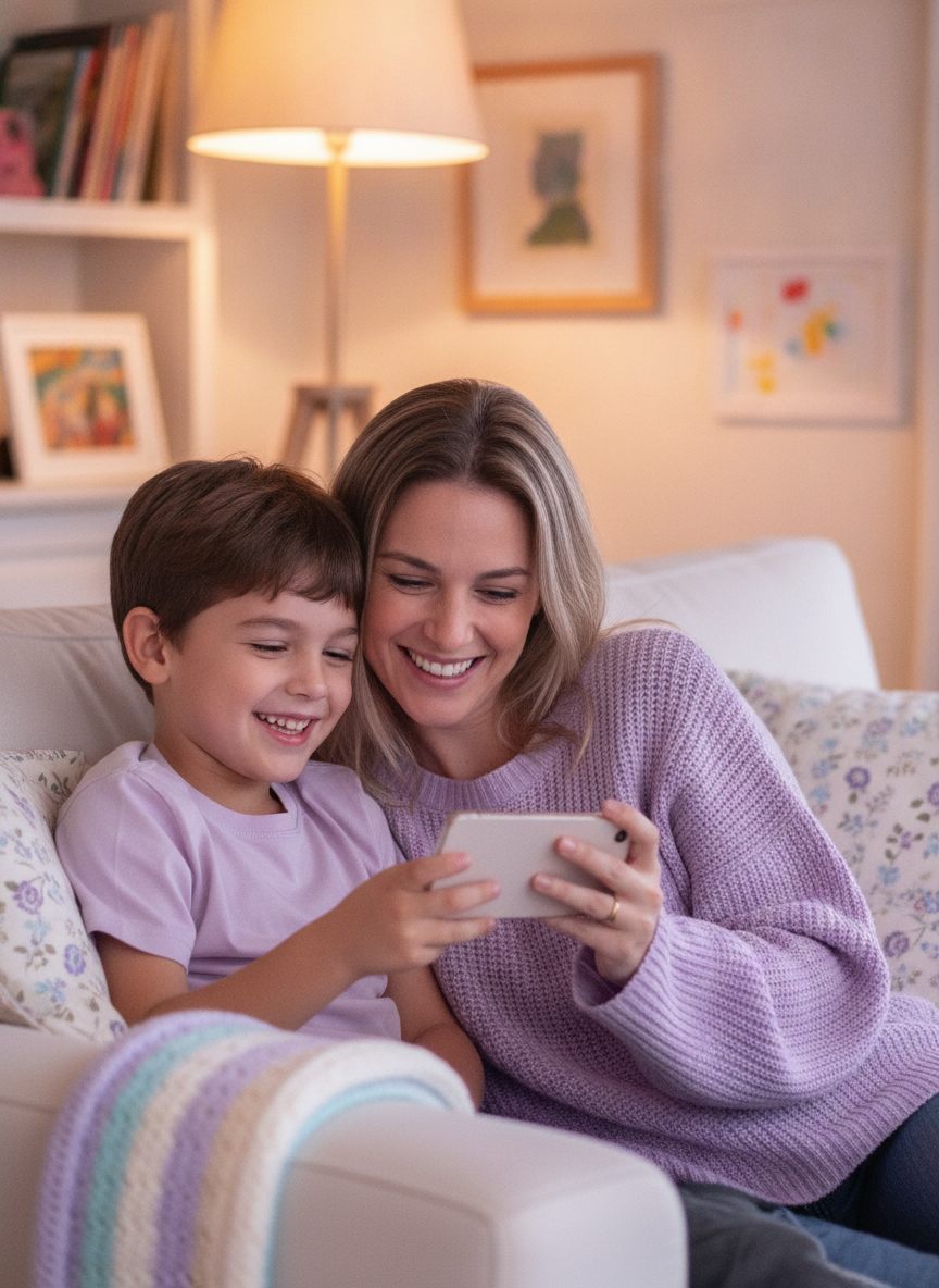 Mãe e filho sorrindo juntos ao ver os momentos do ello no celular