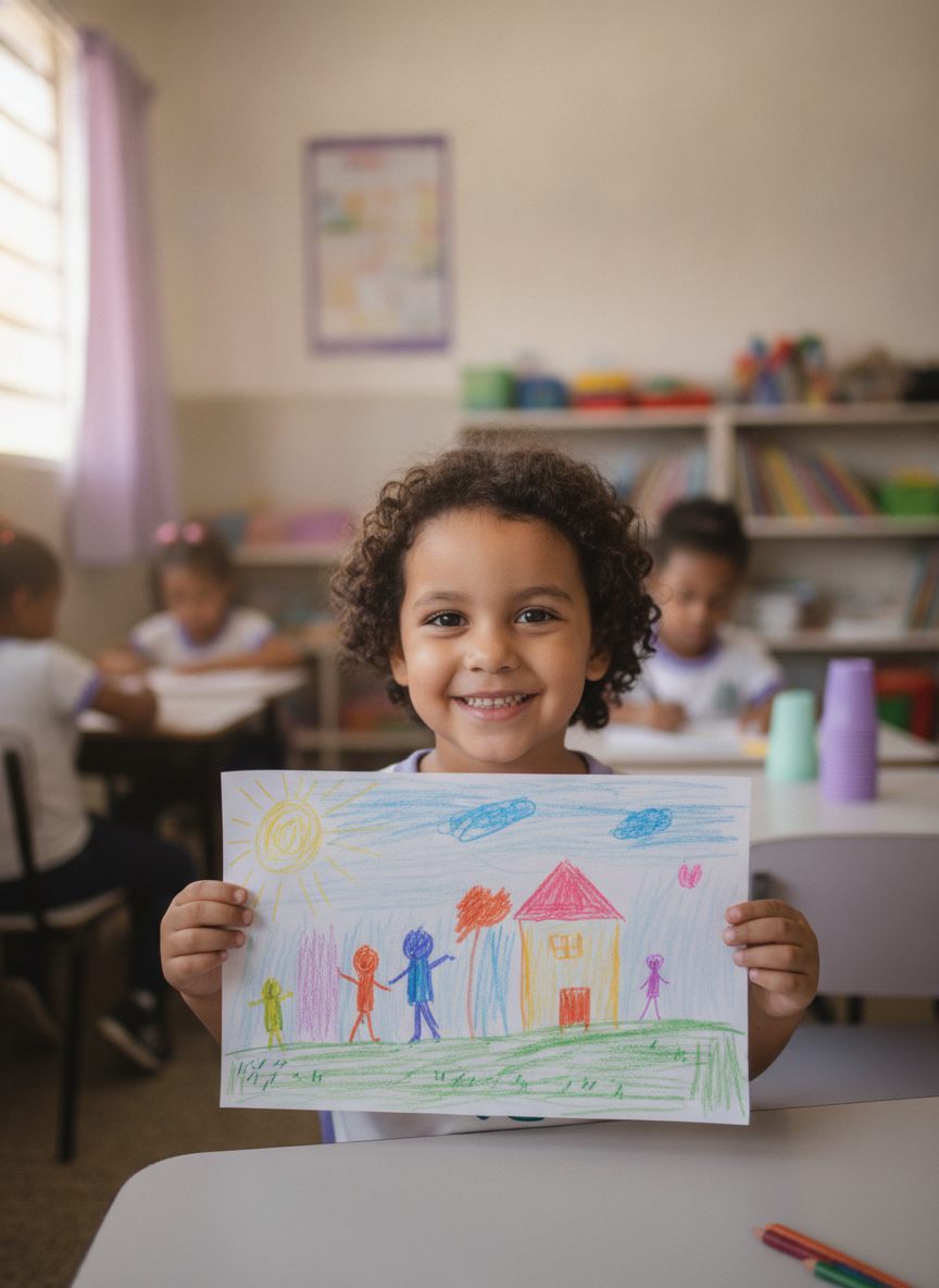 Criança sorrindo ao mostrar seu desenho colorido
