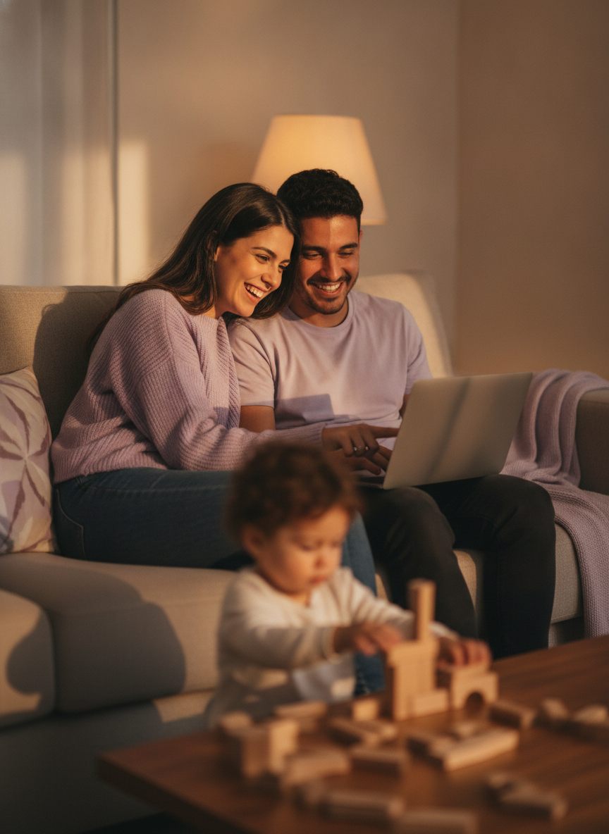 Pais sorrindo no sofá de casa enquanto fazem a matrícula pelo notebook